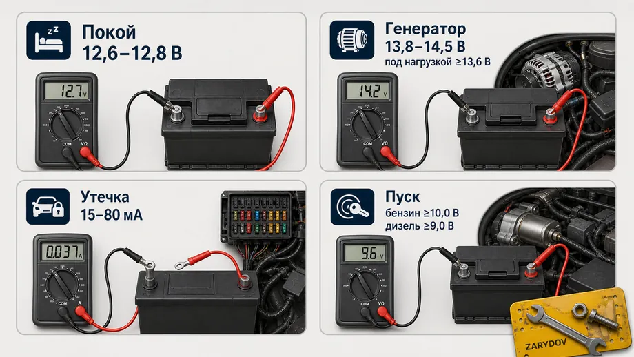 Нормальные показания мультиметра при проверке аккумулятора, генератора и утечки