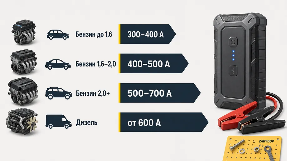 Минимальный пусковой ток бустера для бензиновых и дизельных двигателей