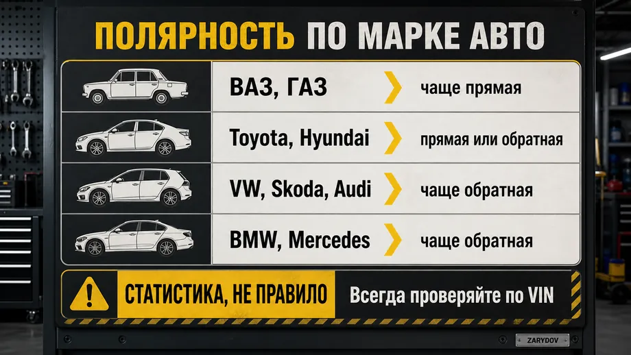 Типичная полярность аккумулятора по маркам автомобилей