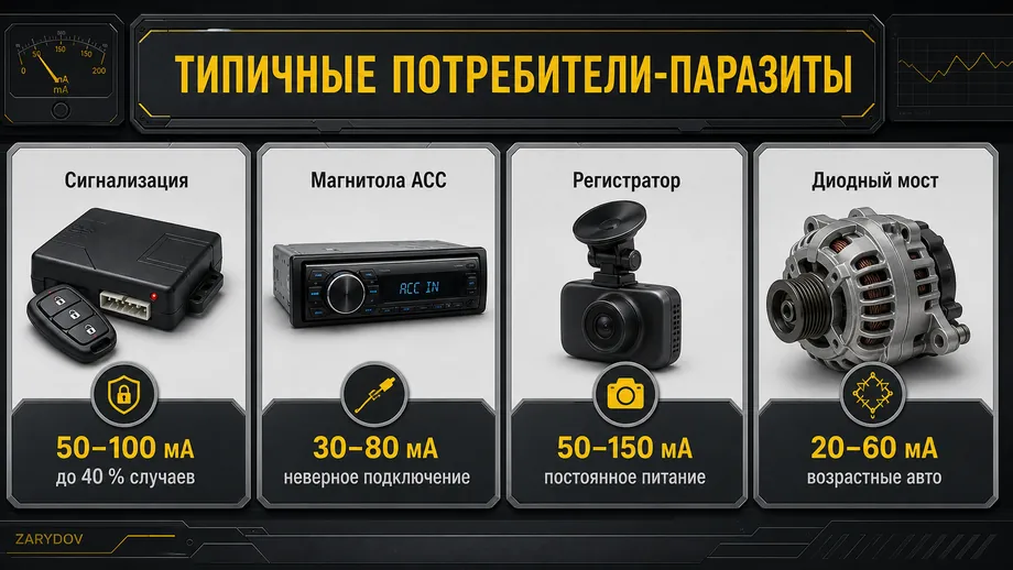 Типичные потребители паразитного тока в автомобиле