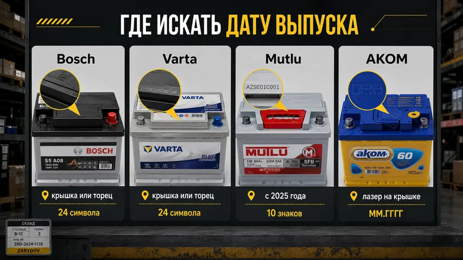 Места маркировки даты выпуска на аккумуляторах популярных брендов