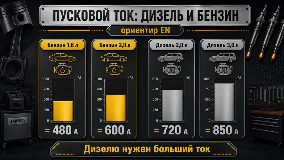 Сравнение пускового тока аккумуляторов для бензиновых и дизельных двигателей