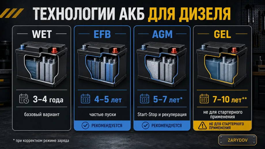 Сравнение технологий аккумуляторов для дизельного автомобиля