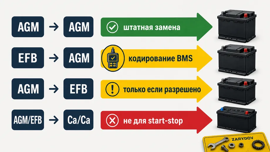 Правила замены AGM, EFB и кальциевого аккумулятора в автомобиле со start-stop